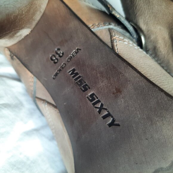 Miss Sixty Ankle Boots Heels 38 Size 7.5 Brown Distressed Leather Studded Buckle - Picture 8 of 9